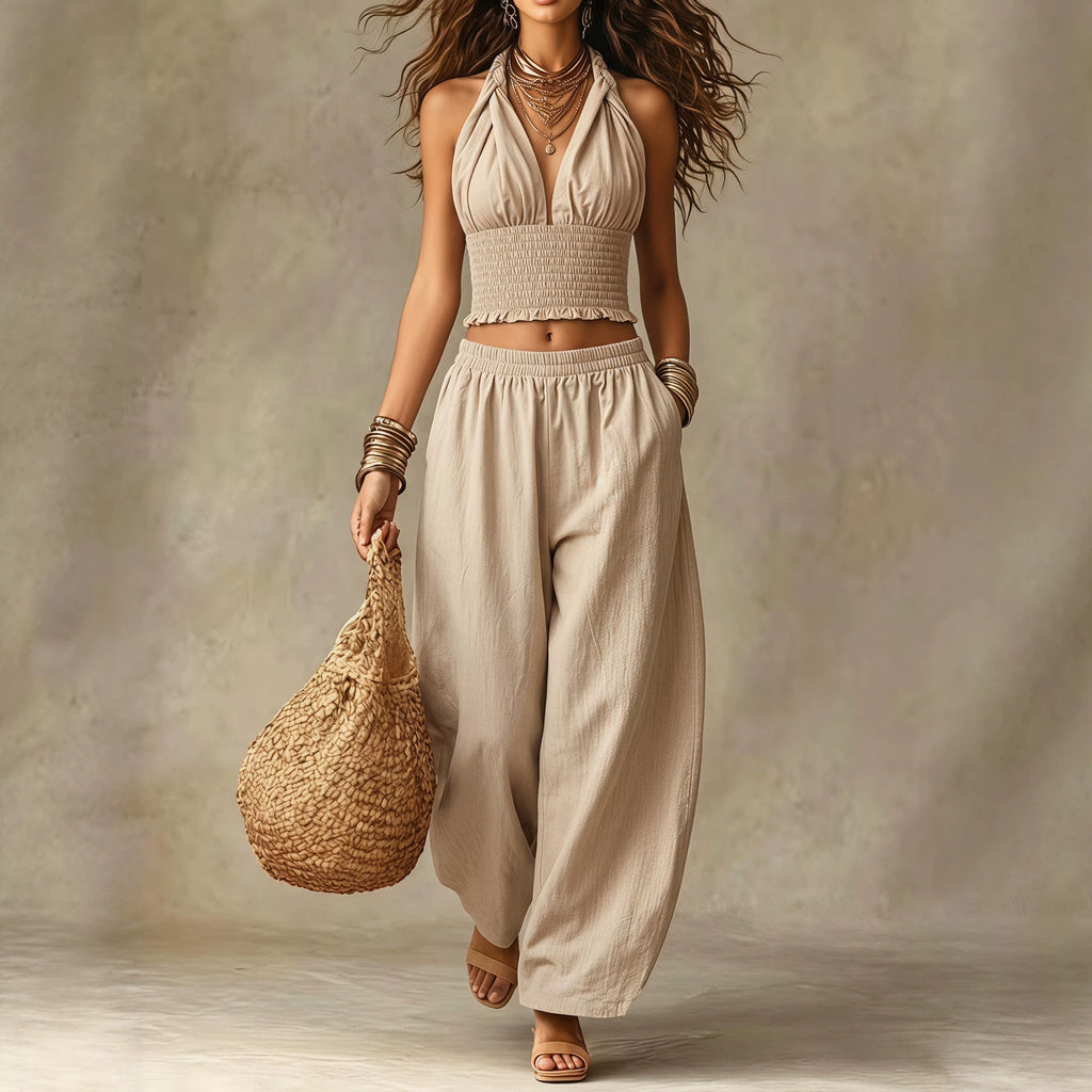 Linen Two-Piece Set – Halter Crop Top & Balloon-Leg Pants