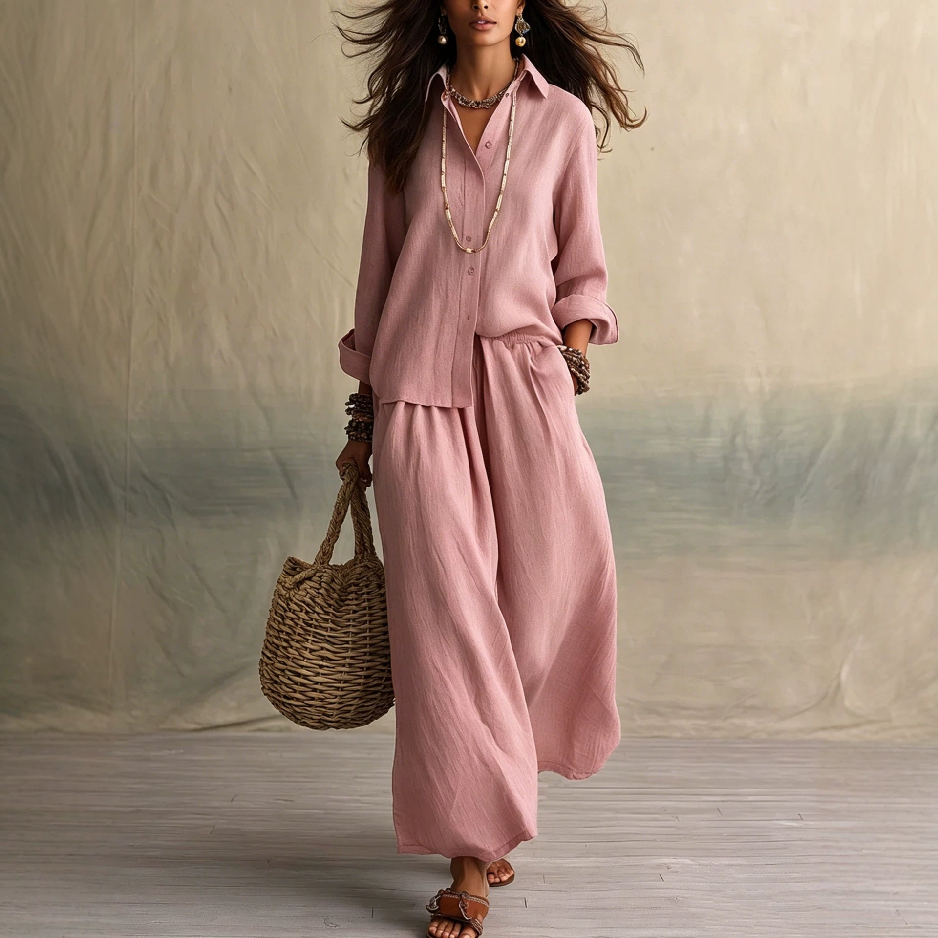 Linen Shirt & Pants Set – Relaxed Three-Quarter Sleeves