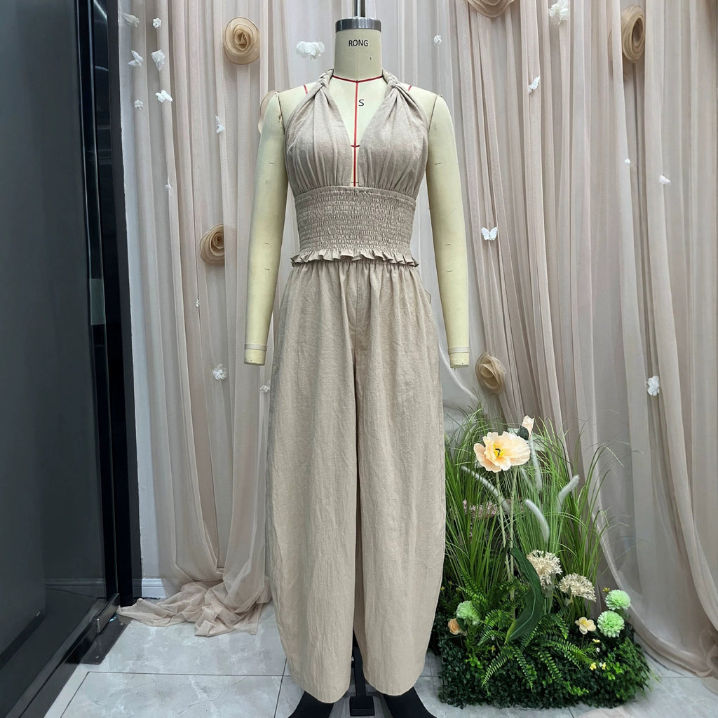 Linen Two-Piece Set – Halter Crop Top & Balloon-Leg Pants