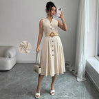 V-neck sleeveless breasted waistband A hem shirt dress for women