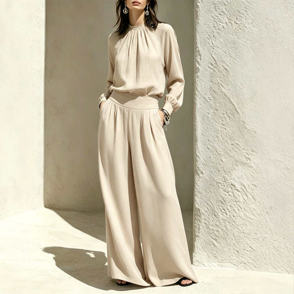 Wide-Leg Pants Set – Stand-Collar Blouse & Long Pants