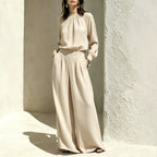 Wide-Leg Pants Set – Stand-Collar Blouse & Long Pants