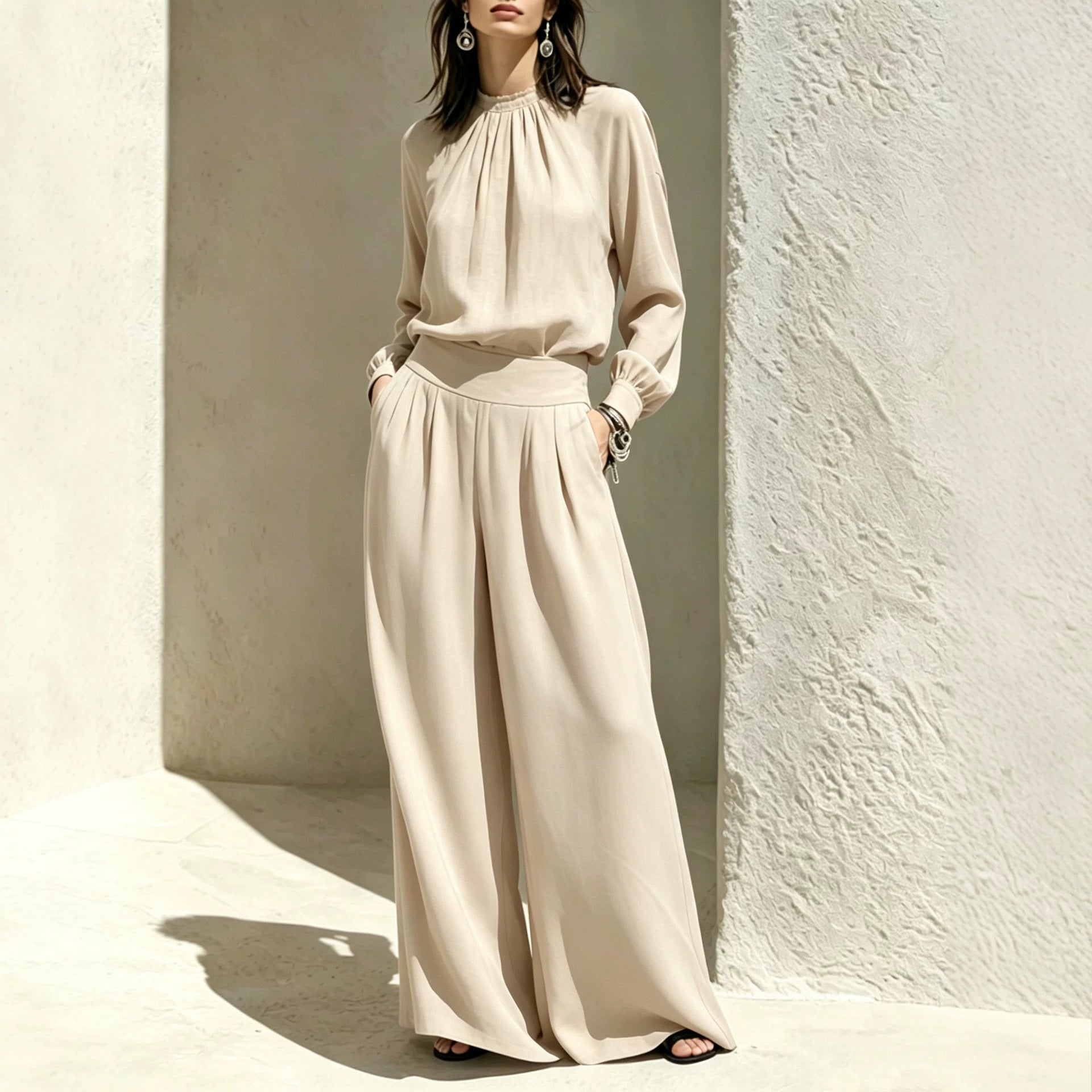 Wide-Leg Pants Set – Stand-Collar Blouse & Long Pants