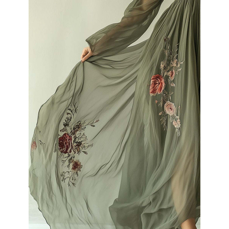 Printed long sleeved long collar dress long skirt