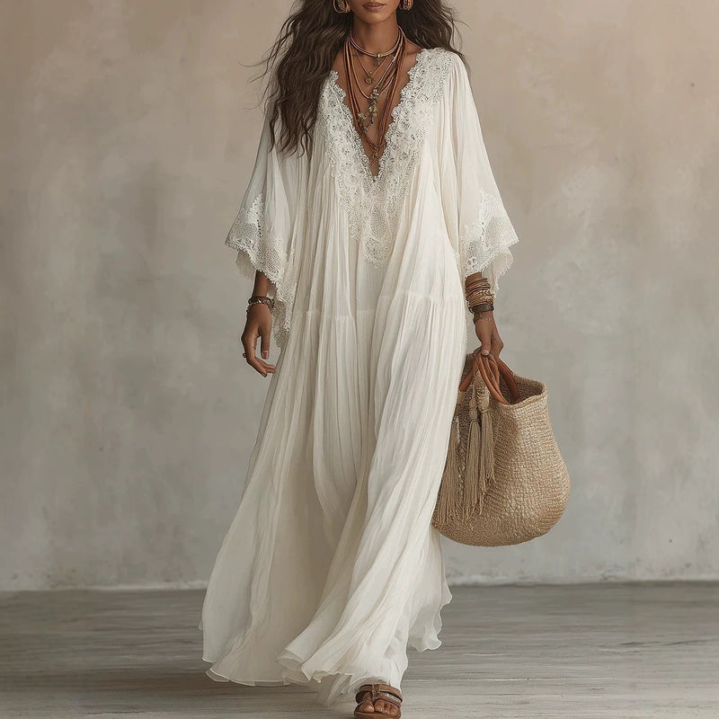 Lace Patchwork Beach Dress | V-Neck | Vacation-Ready