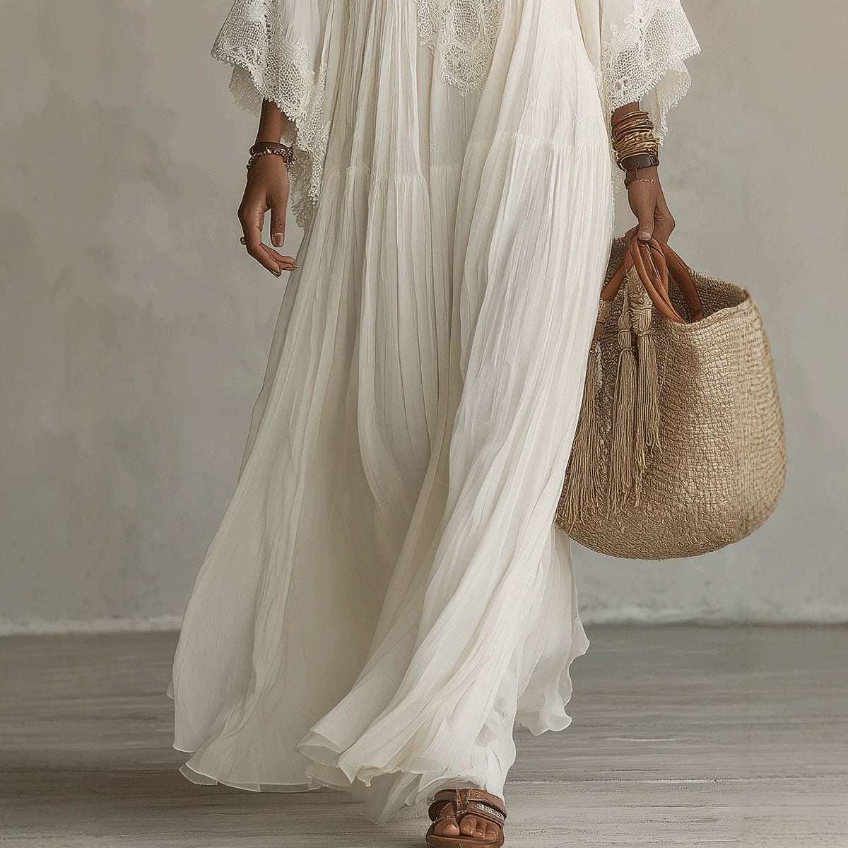 Lace patchwork V-neck long vacation beach dress