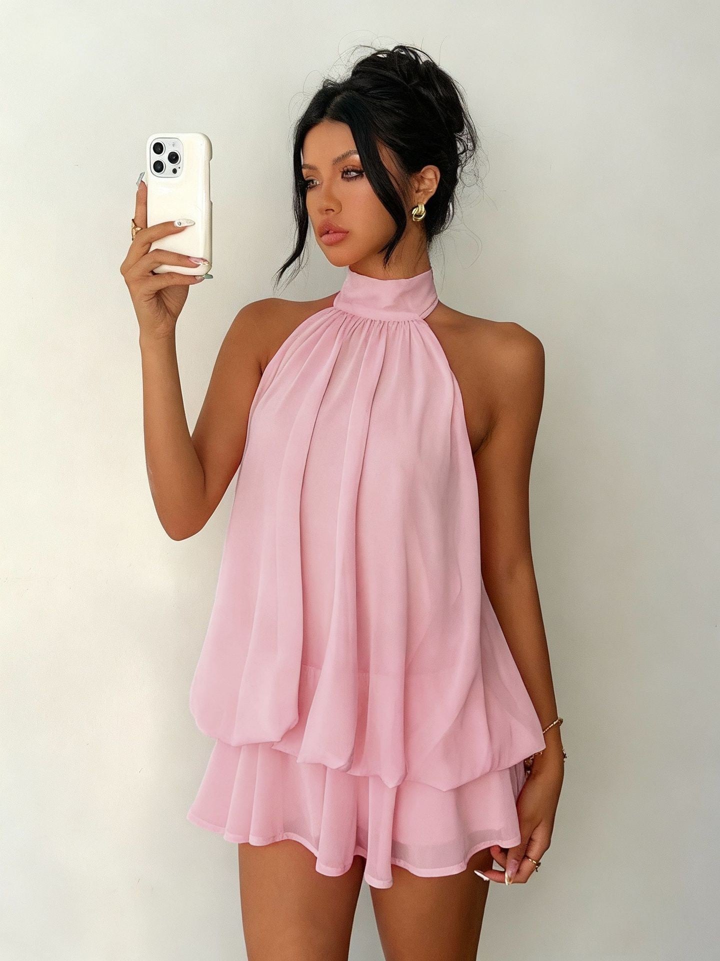 Women's vacation fitted sexy backless halter neck tie-waist dress with puffy short skirt