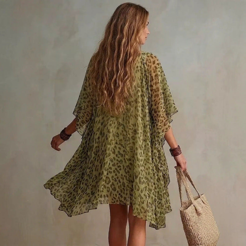 V-neck chiffon dress beach vacation cover shirt leopard print beach skirt