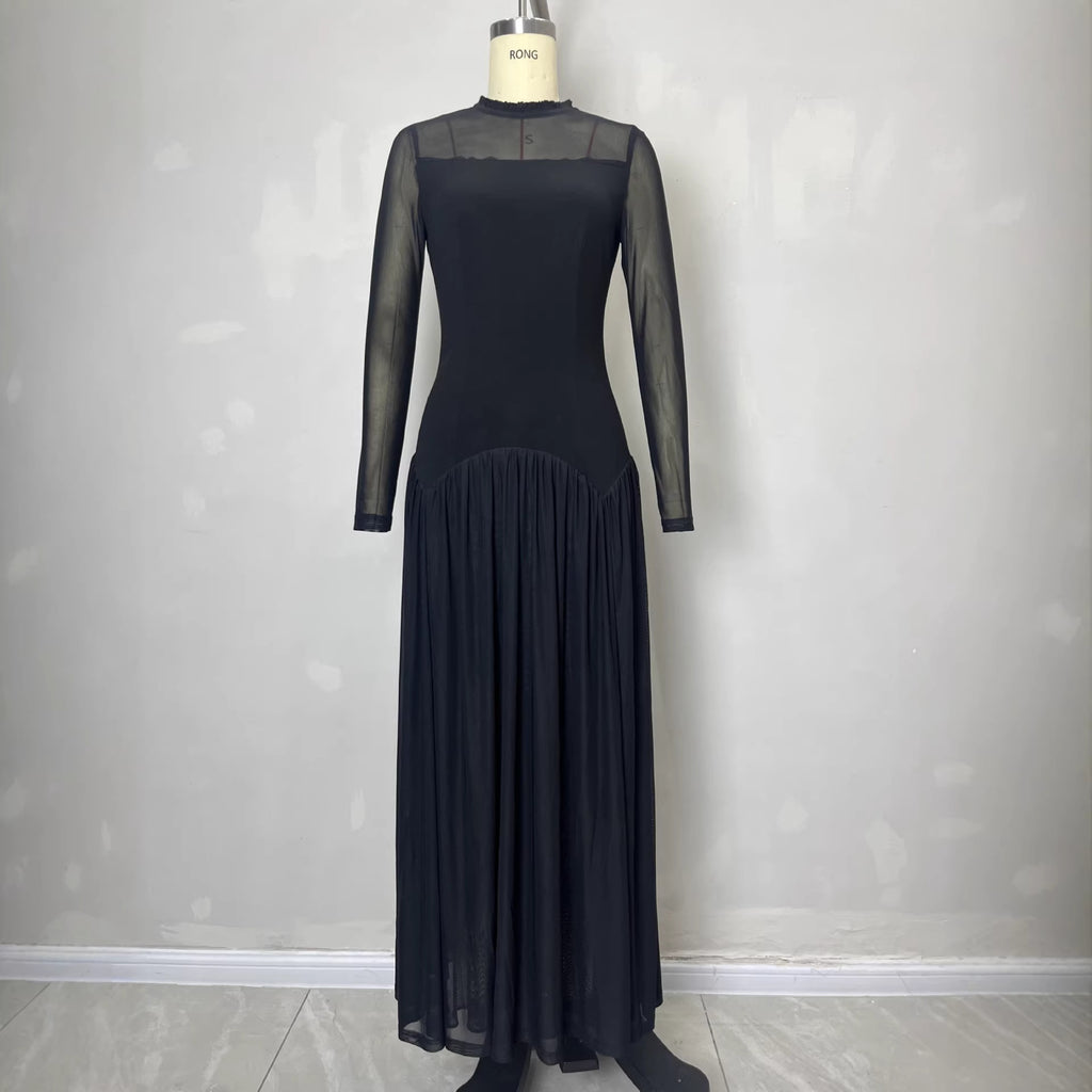 Elegant women's black see through mesh long sleeved dress