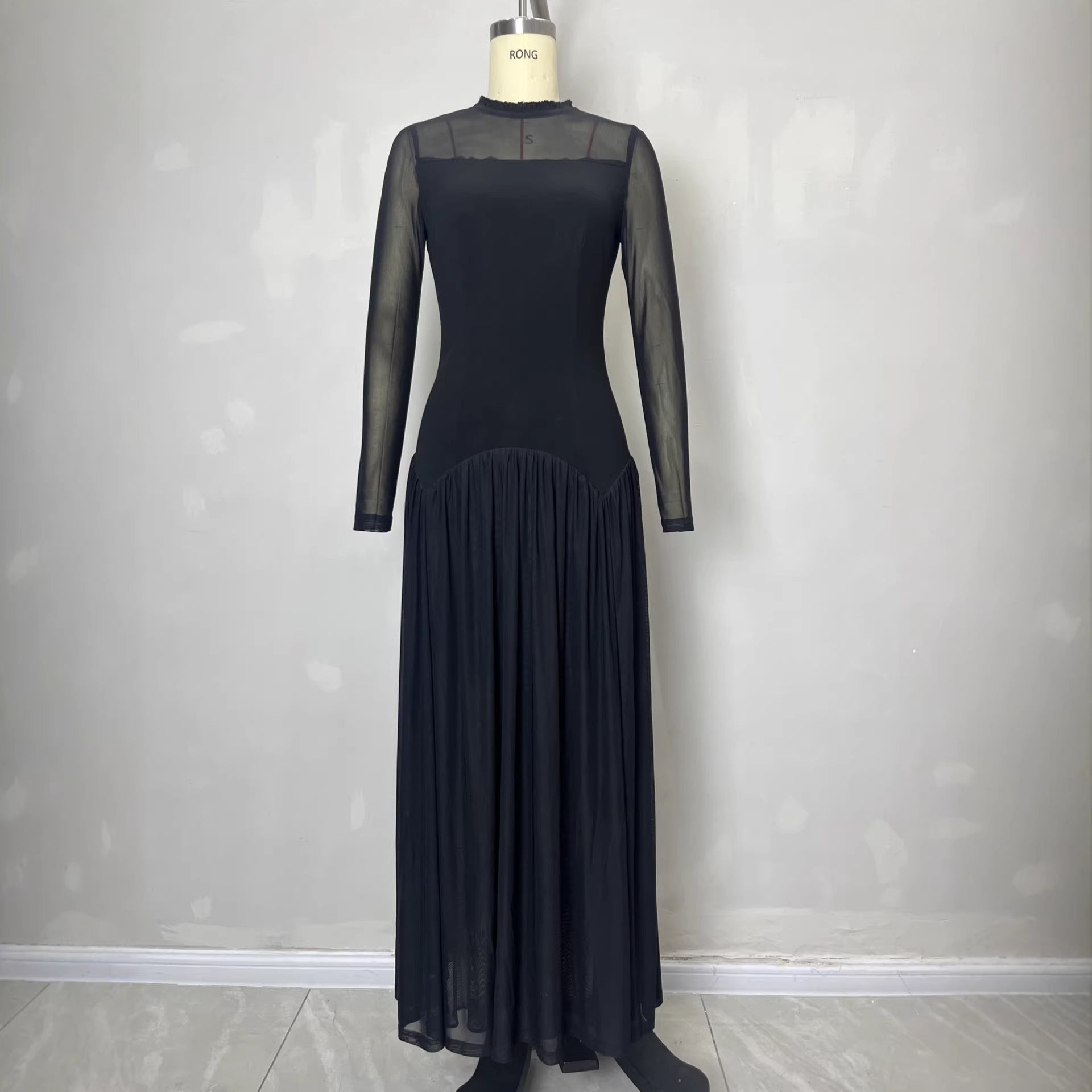 Elegant women's black see through mesh long sleeved dress