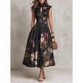 Sleeveless black three-dimensional floral print long skirt slim fit dress