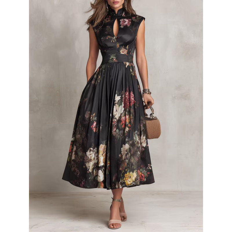 Sleeveless black three-dimensional floral print long skirt slim fit dress
