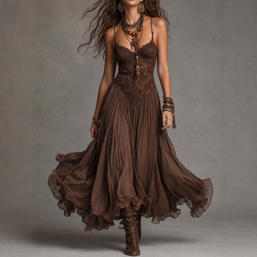 Chiffon Printed Strap Fitted Long Dress, Vintage Flowy Maxi Dress