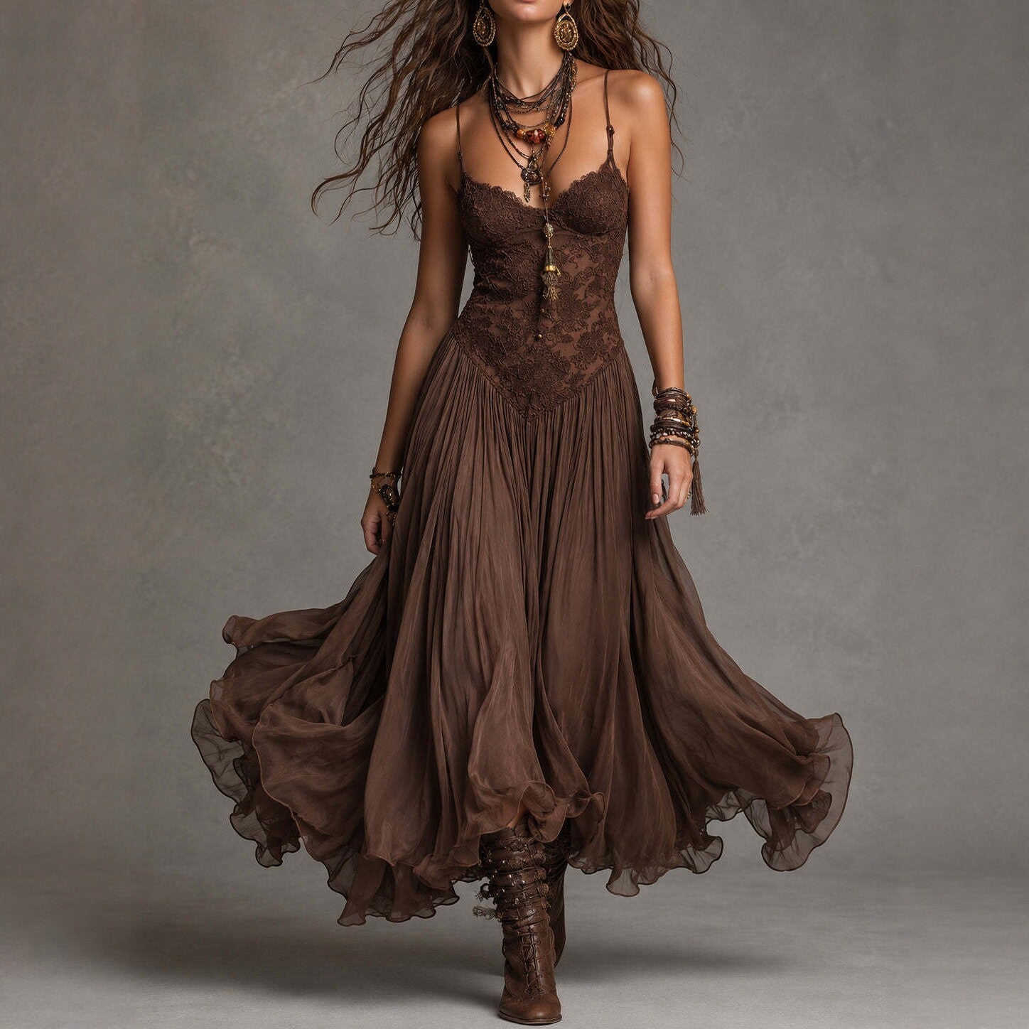Chiffon Printed Strap Fitted Long Dress, Vintage Flowy Maxi Dress
