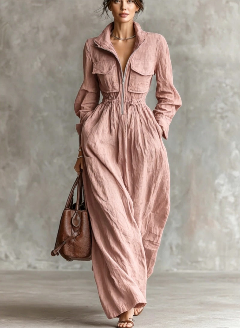 Zip-Front A-Line Maxi Dress – Elastic Waist