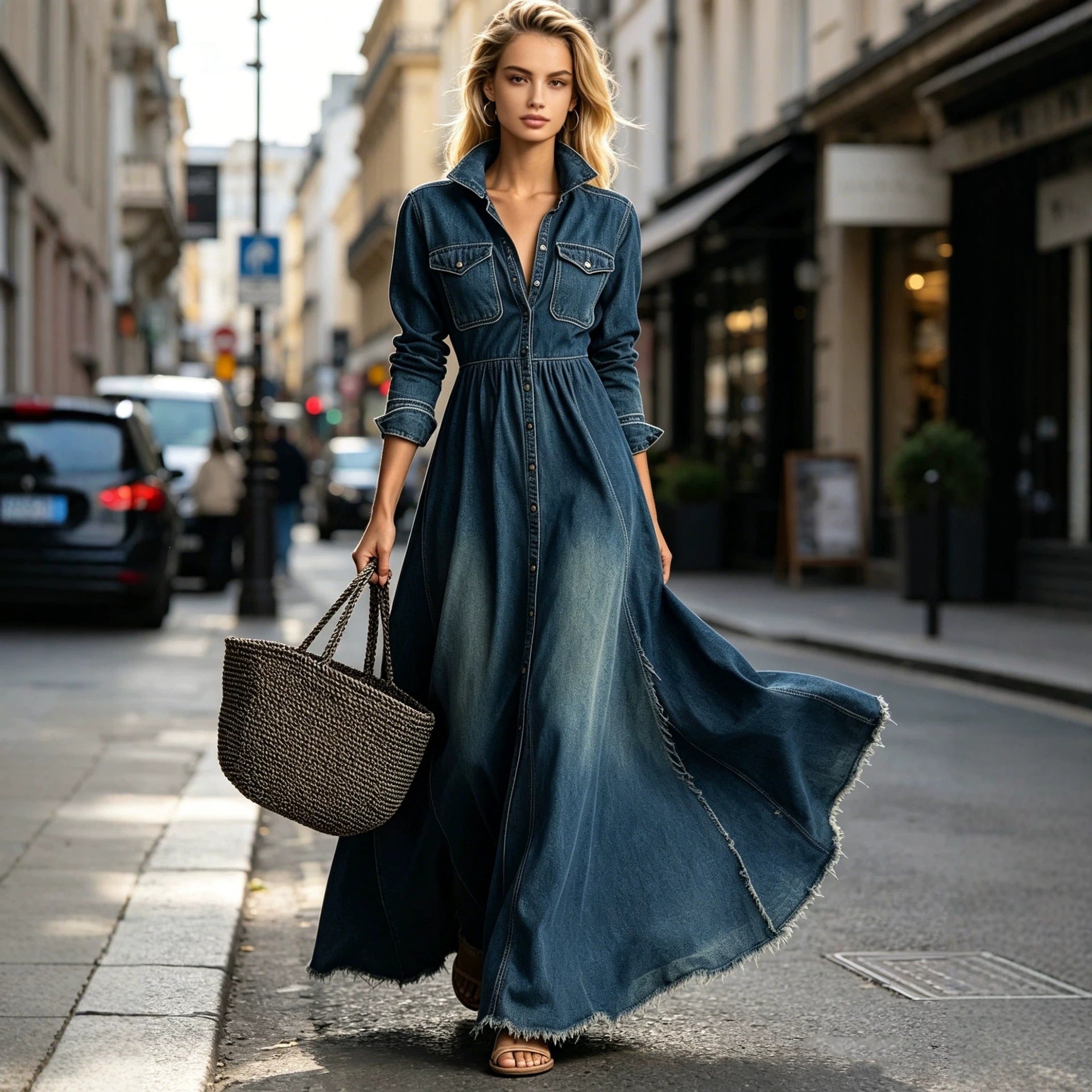High-Waist Maxi Dress – Long Sleeves & Flip Collar
