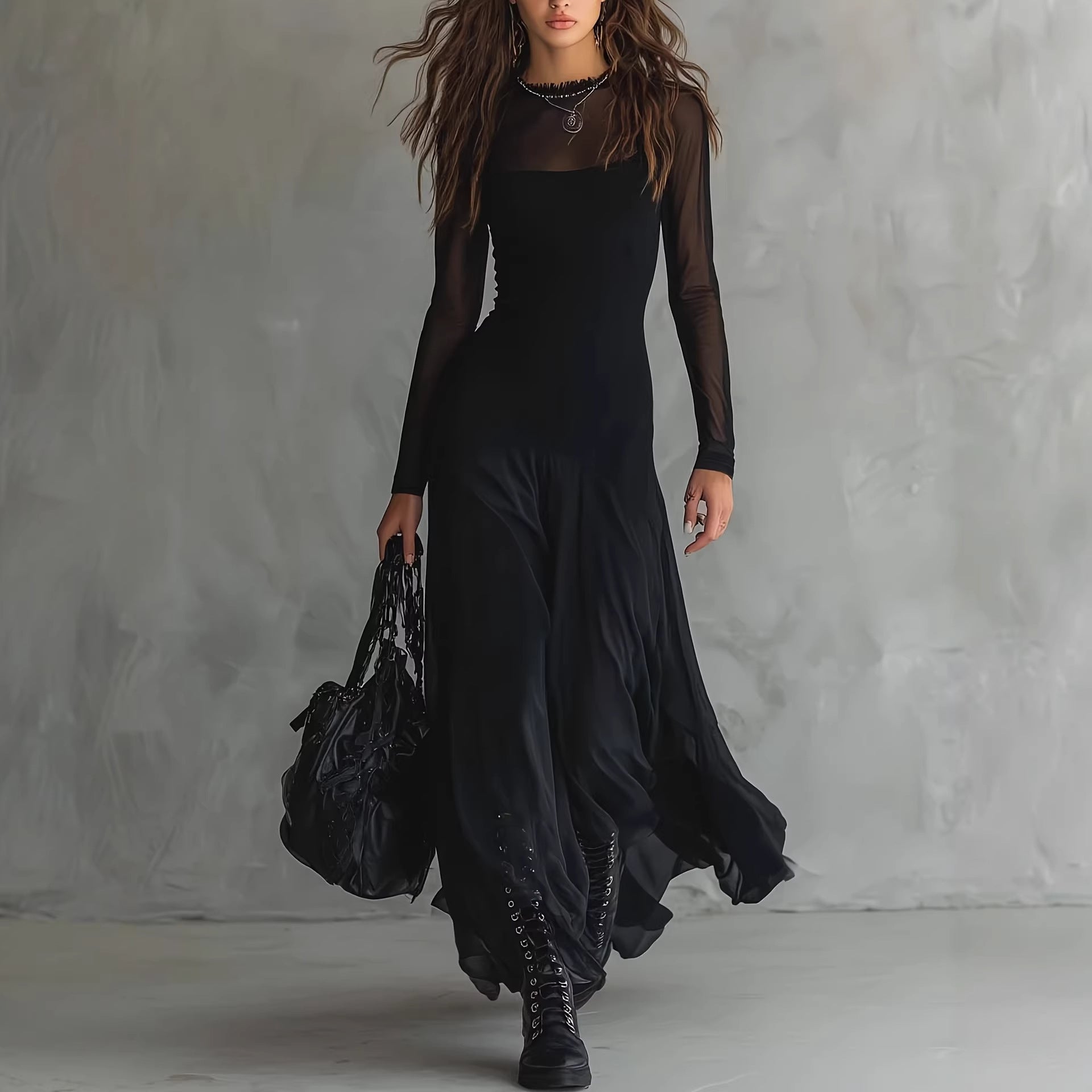 Elegant women's black see through mesh long sleeved dress