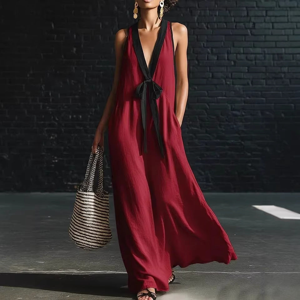 V-neck Strapless Sleeveless Resort-Style Long Simple Elegant Dress