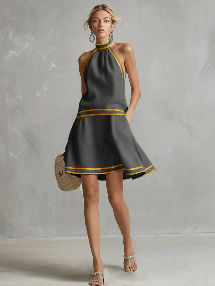 Choker Neck Fashion Short Dress with Striped Trim, Comfortable Sleeveless Fitted Dress