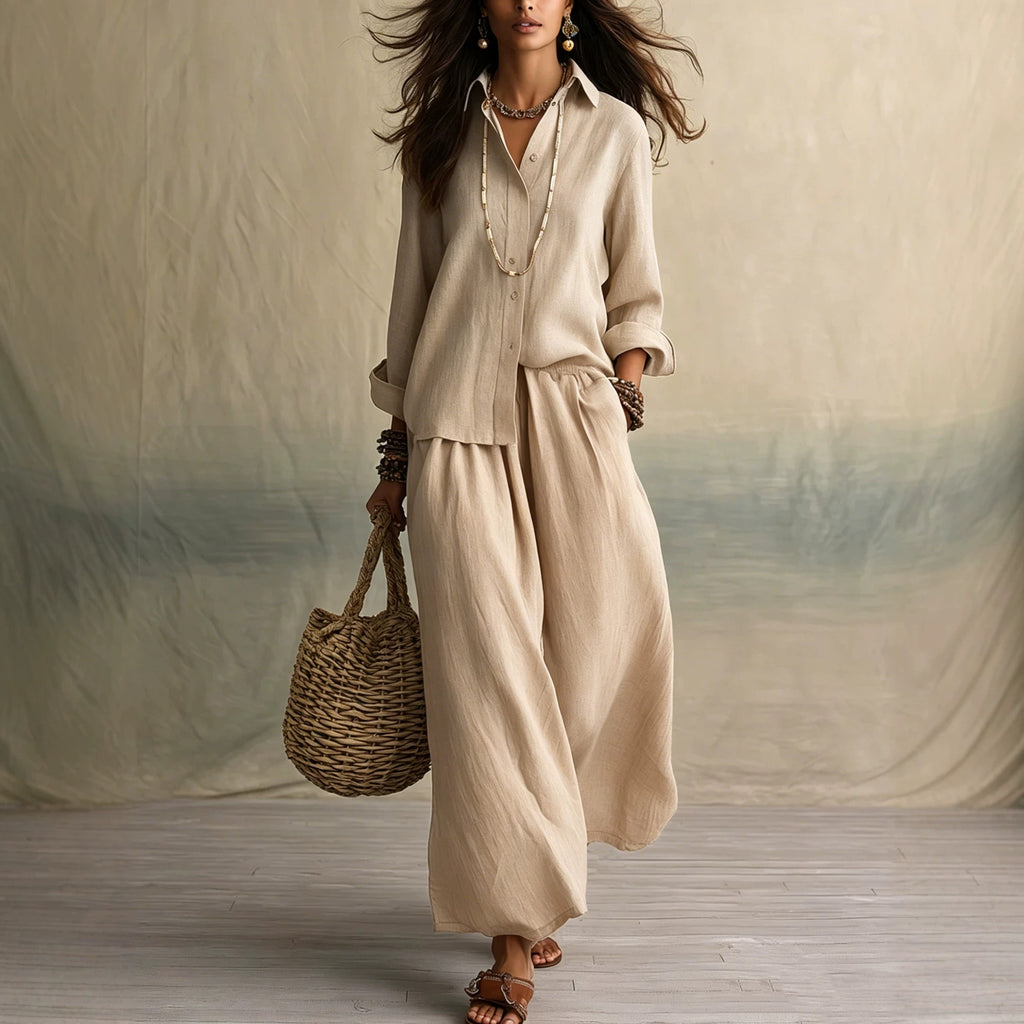 Linen Shirt & Pants Set – Relaxed Three-Quarter Sleeves