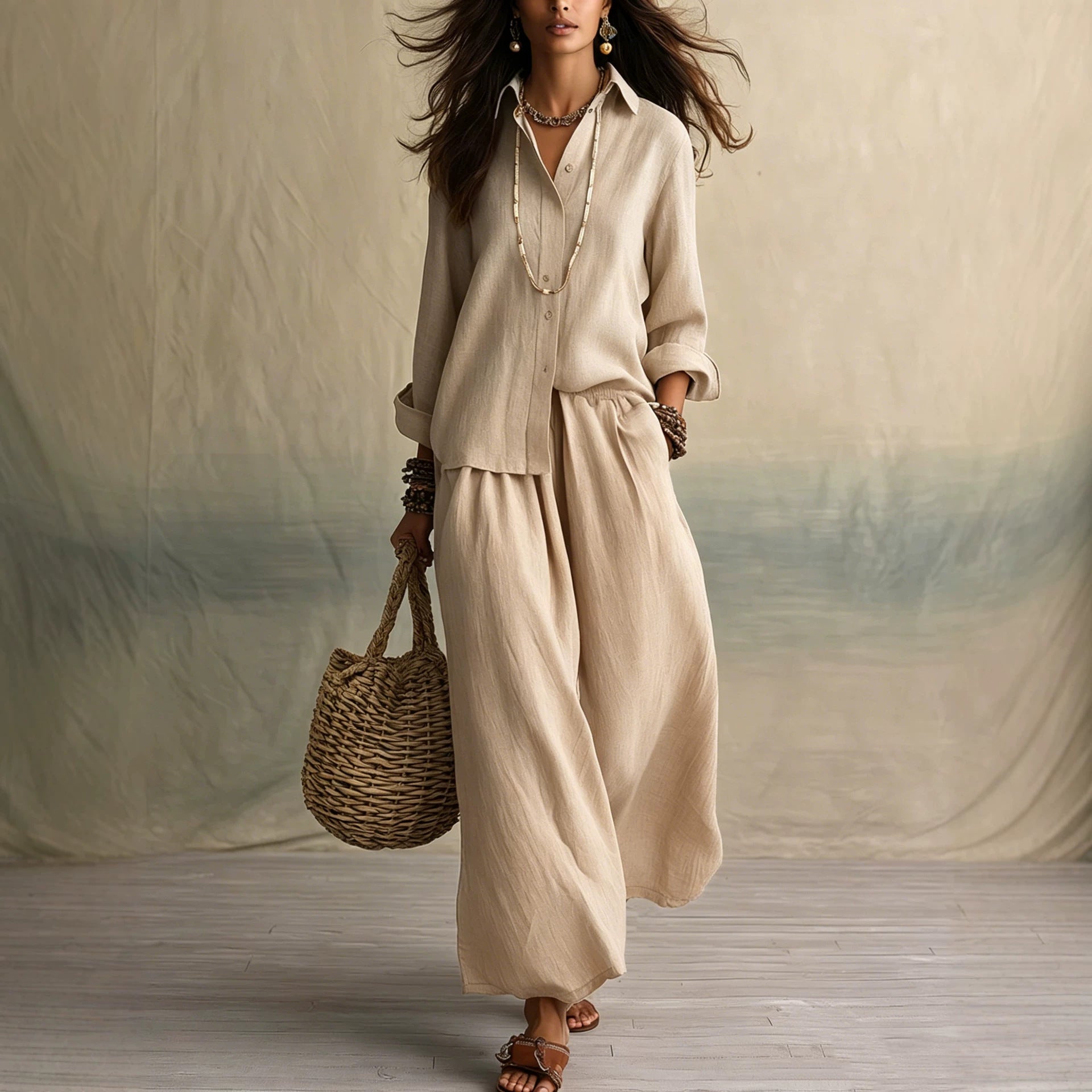 Linen Shirt & Pants Set – Relaxed Three-Quarter Sleeves