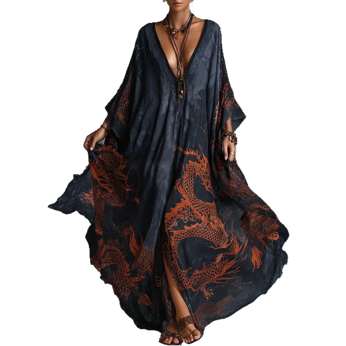 Dragon print beach vacation long dress outerwear