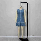 Sleeveless blue and white print element denim blue dress