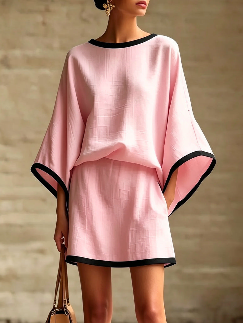 Linen Top & Mini Skirt Set – Batwing-Sleeve Ease