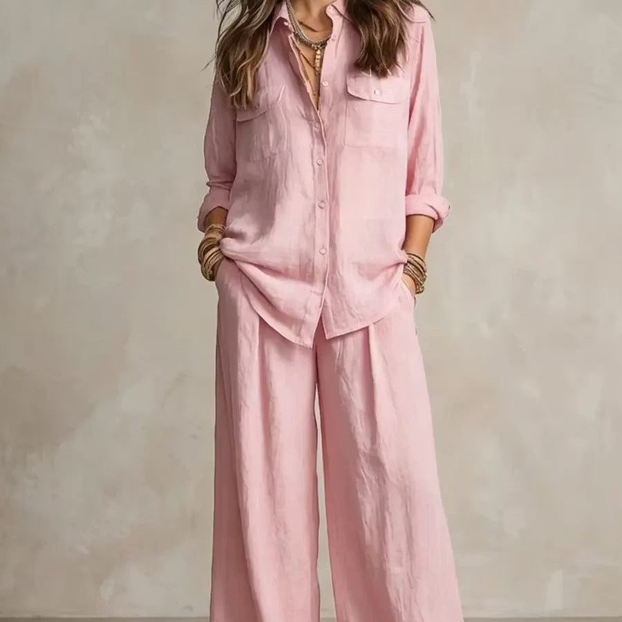Linen Wide-Leg Pants Set – Button-Front Shirt