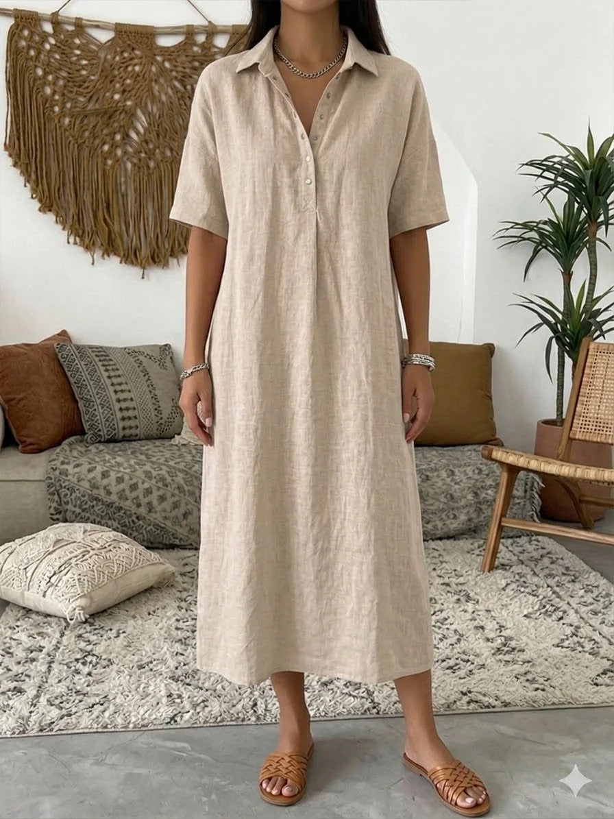 Casual Linen Polo Neck Dress - khaki