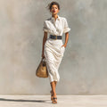 Solid color waist folded shirt long dress