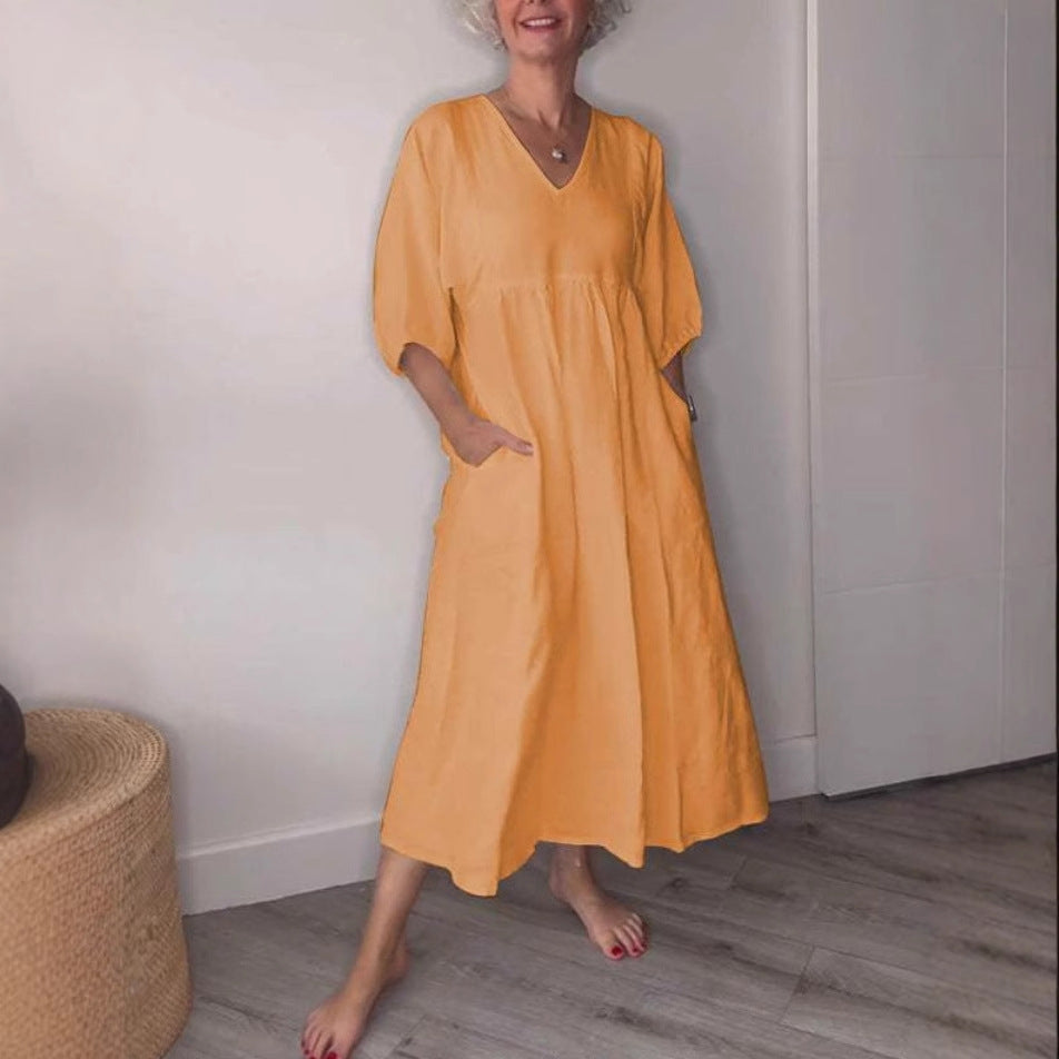 Deep V-neck pleated solid color pocket dress