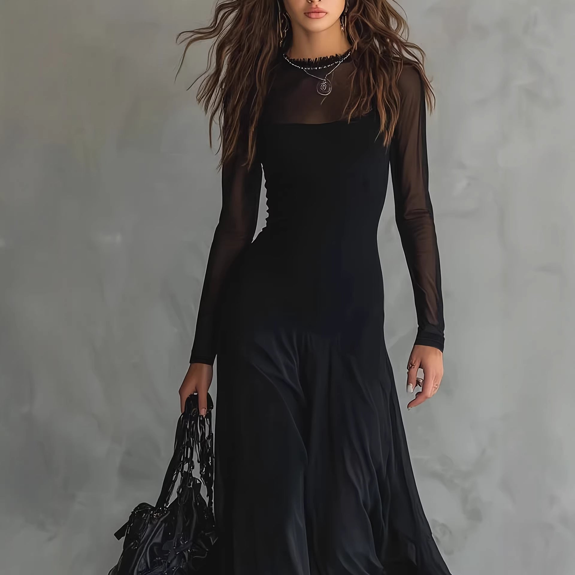 Elegant women's black see through mesh long sleeved dress