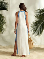 Style Stripe Split Sleeveless Vacation Casual Dress - blue