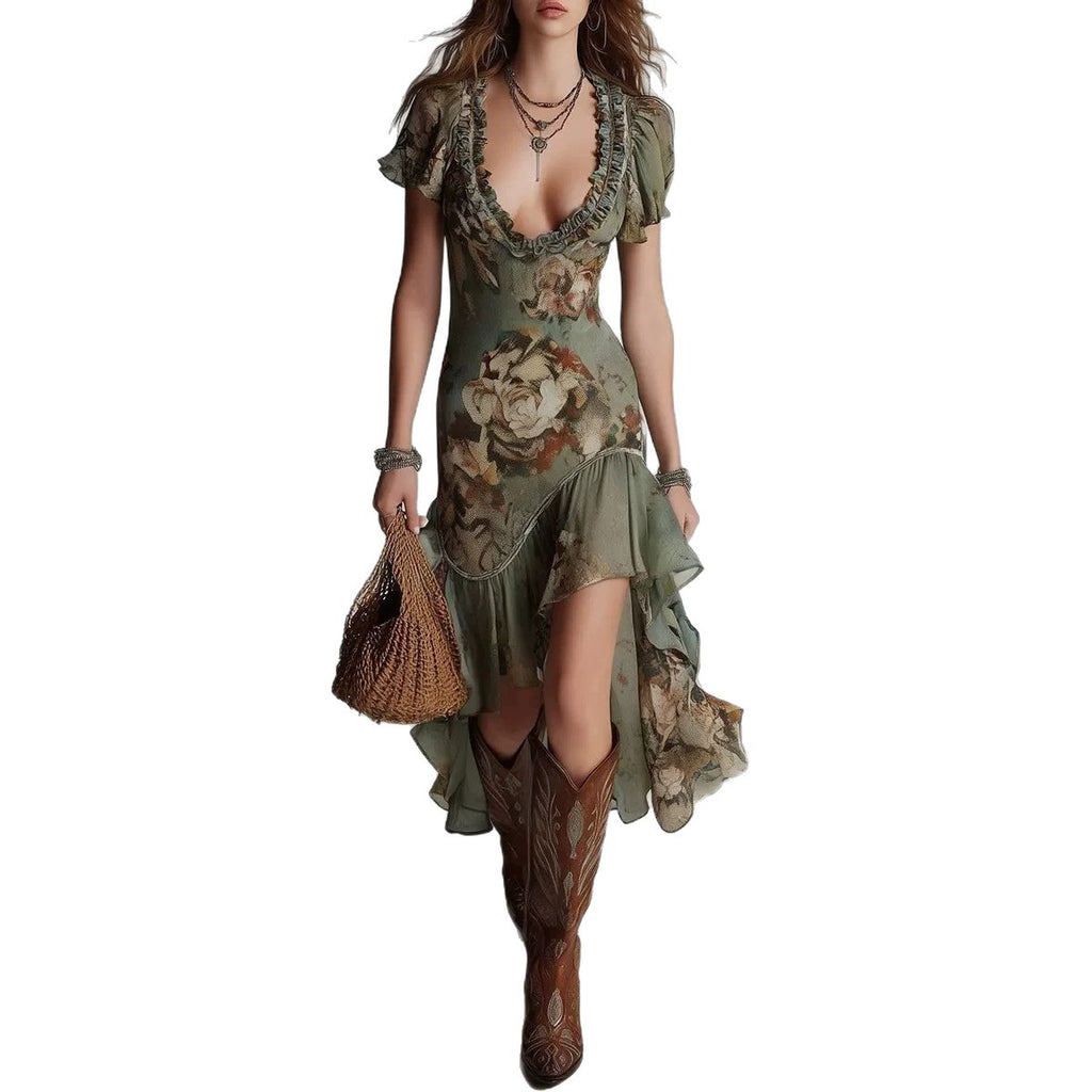 Vintage Oil Painting Print Irregular Hem Ruffle Sleeveless Fitted Western Style Long Dress