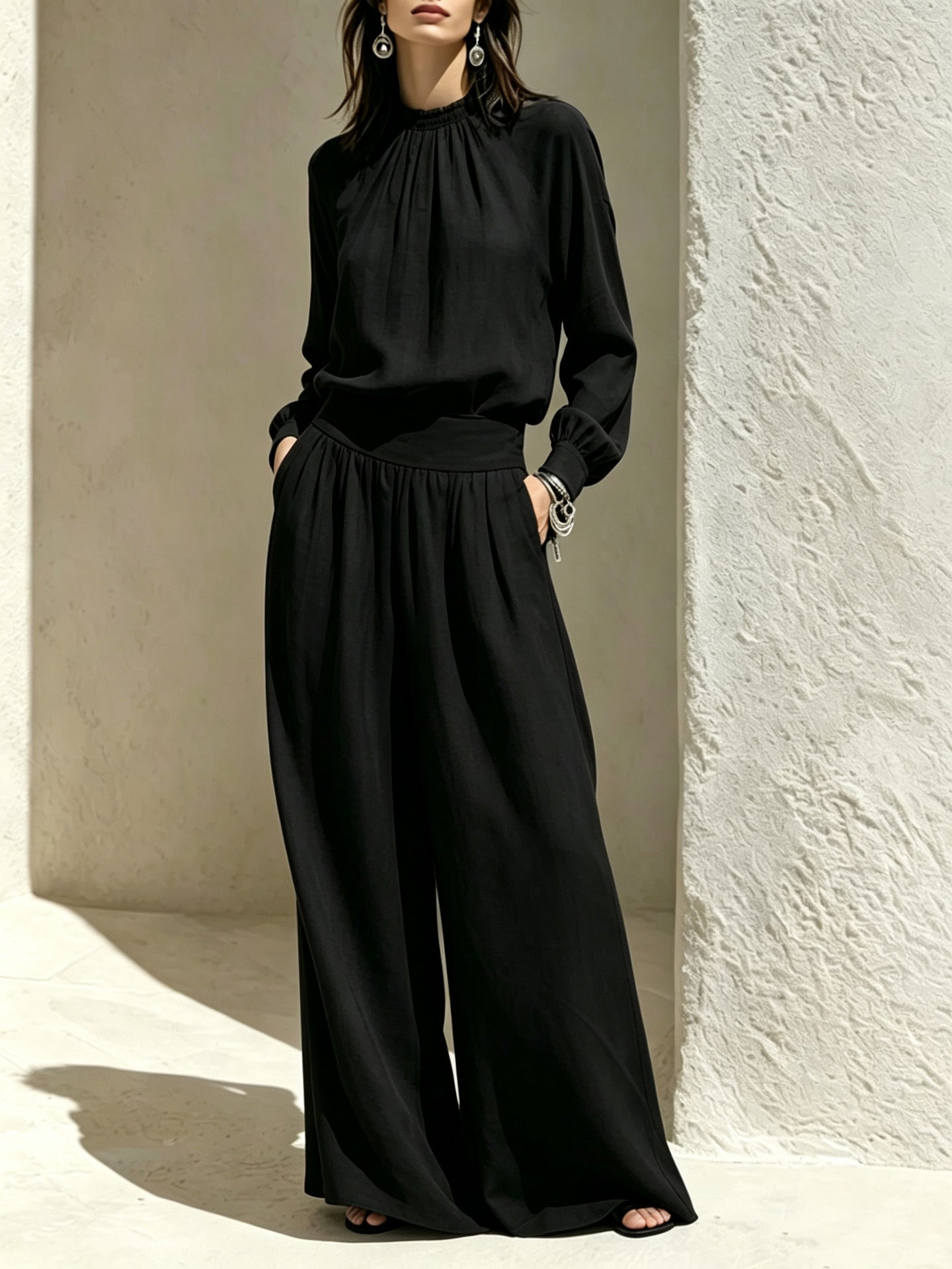 Wide-Leg Pants Set – Stand-Collar Blouse & Long Pants