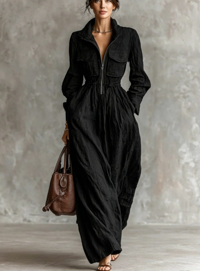 Zip-Front A-Line Maxi Dress – Elastic Waist