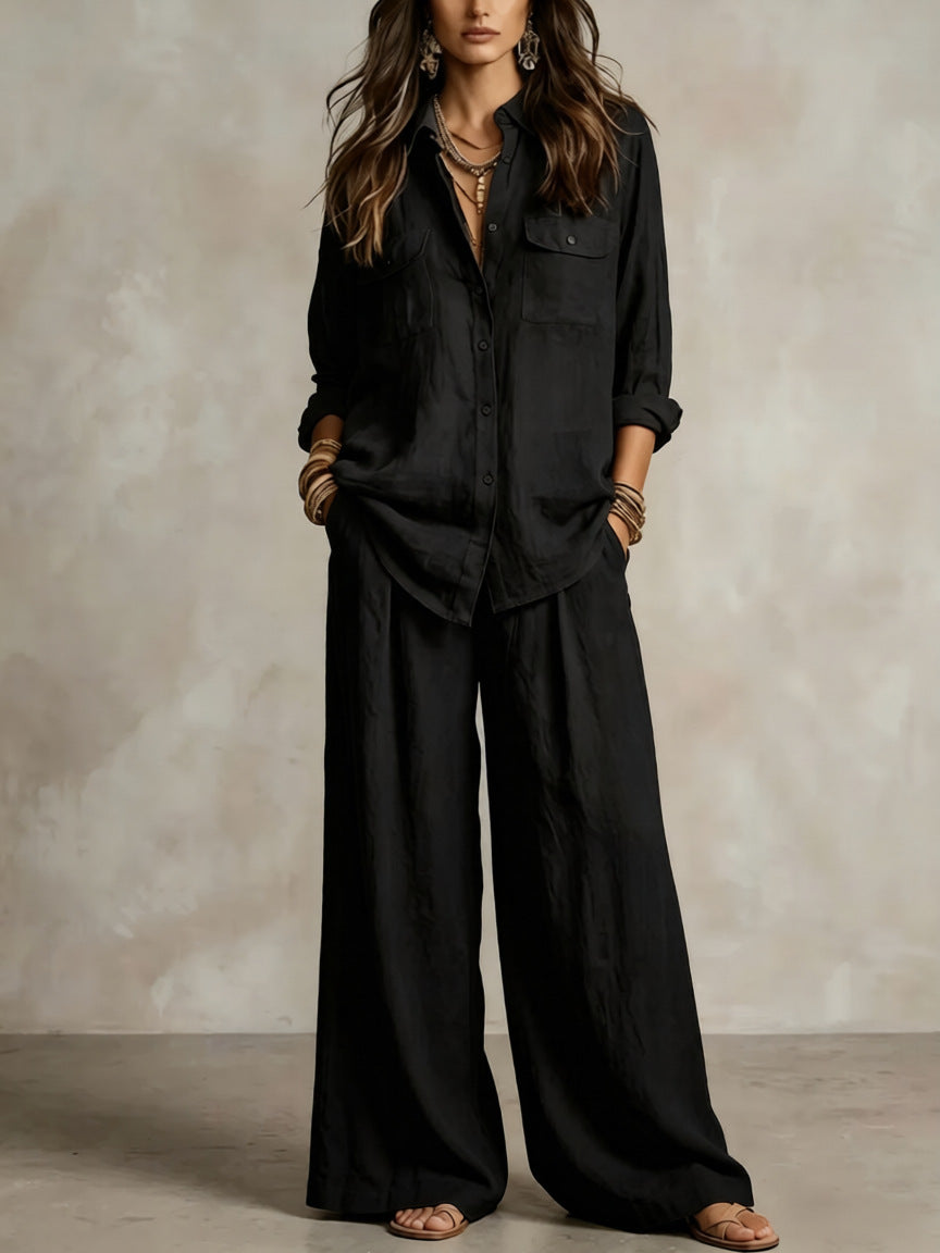 Linen Wide-Leg Pants Set – Button-Front Shirt