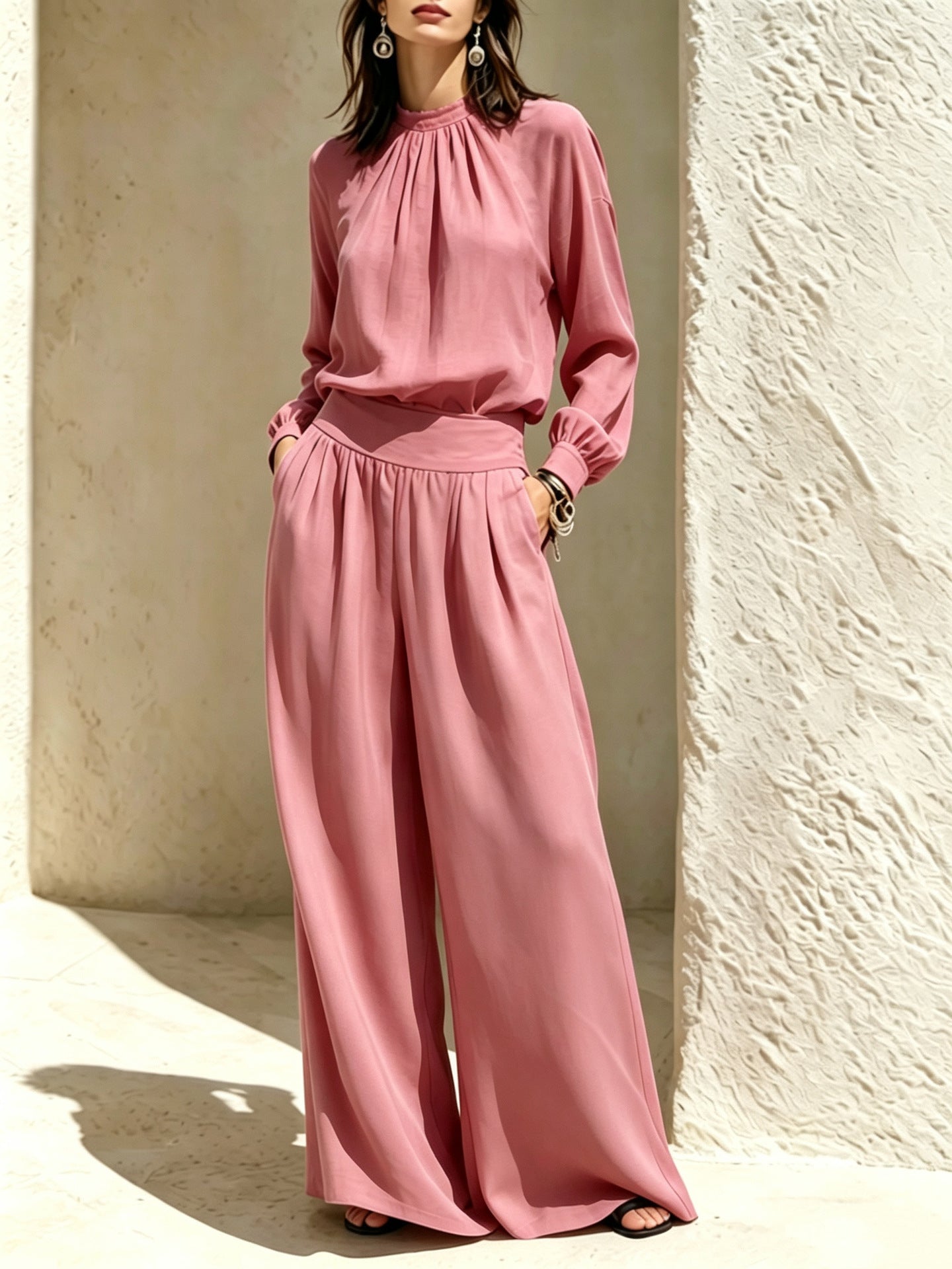Wide-Leg Pants Set – Stand-Collar Blouse & Long Pants