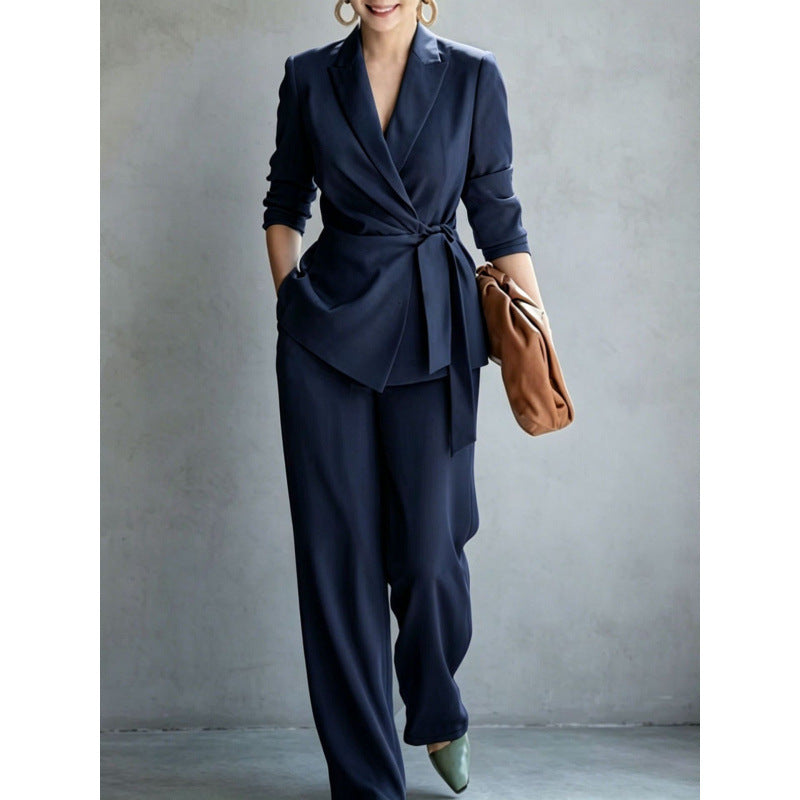 Belted Pants Set – Long-Sleeve Top & Straight-Leg Pants