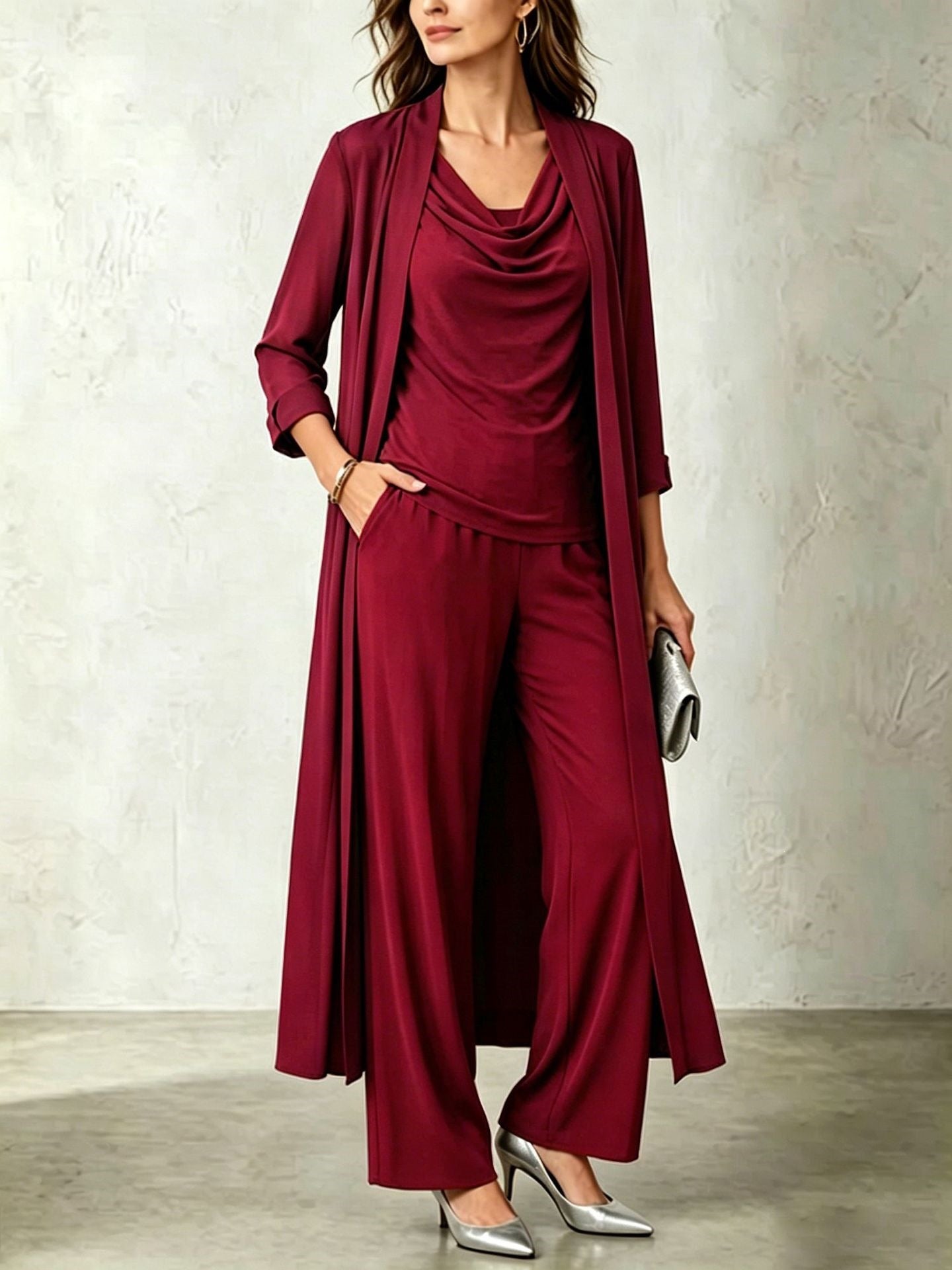 Three-Piece Pants Set – Long Cardigan & Layered Top