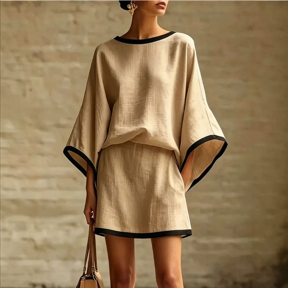 Linen Top & Mini Skirt Set – Batwing-Sleeve Ease