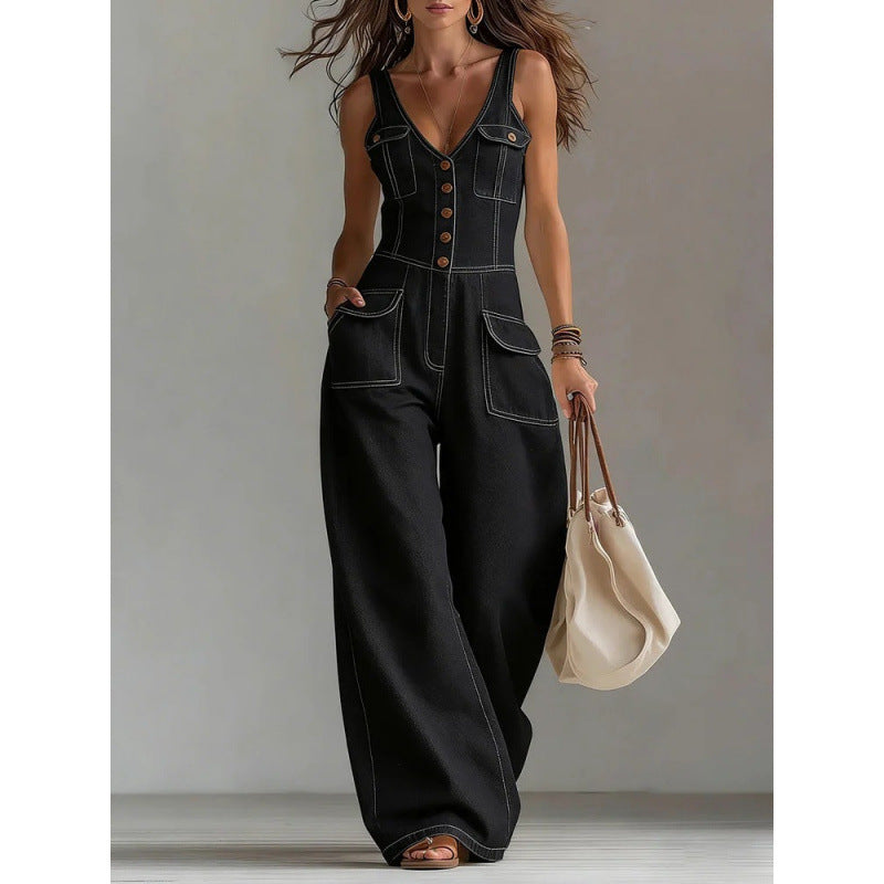 Denim Overall Jumpsuit – Sleeveless Pocket Style