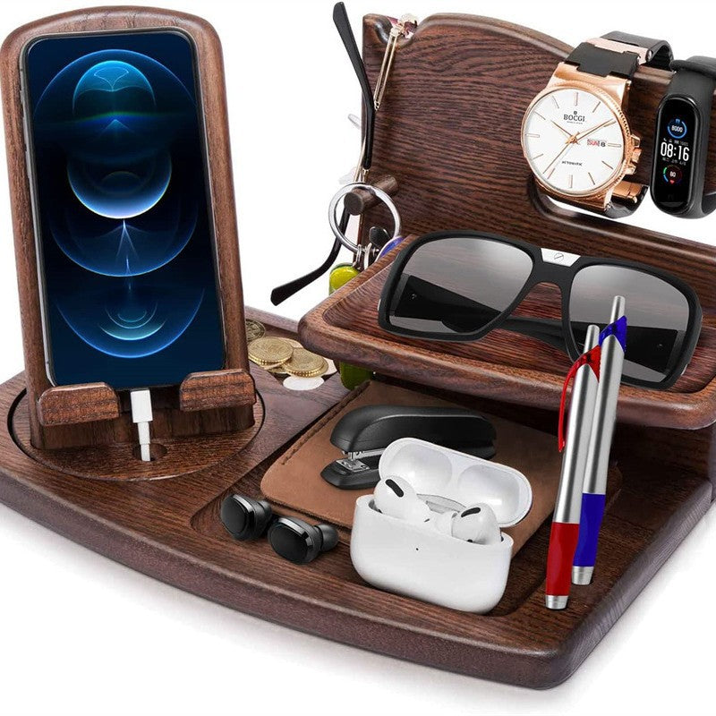 Creative Solid Wood Multi-functional Phone Stand with Charging Function, Office Desk Pine Wood Earphone and Small Item Organizer