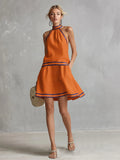 Choker Neck Fashion Short Dress with Striped Trim - orange