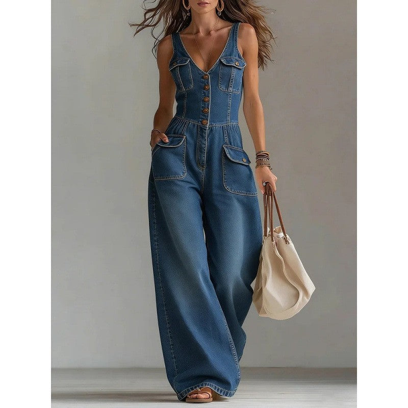 Denim Overall Jumpsuit – Sleeveless Pocket Style