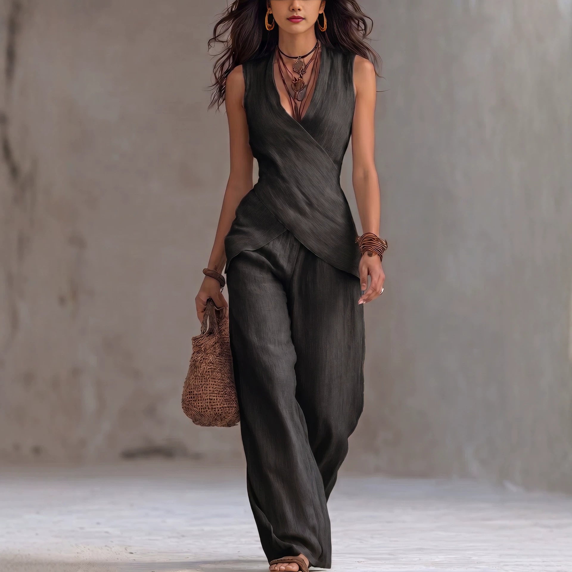 Wide-Leg Pants Set – Sleeveless V-Neck Waist-Defining Top