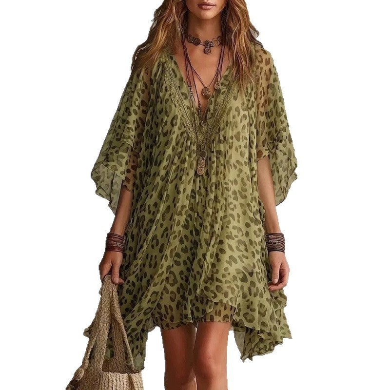 V-neck chiffon dress beach vacation cover shirt leopard print beach skirt