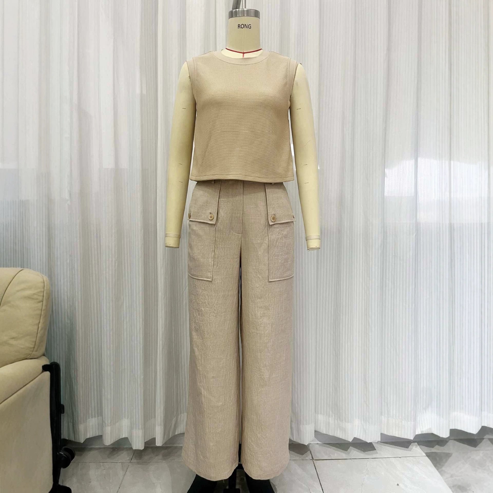 Linen Wide-Leg Pants Set – Sleeveless Pocket Vest