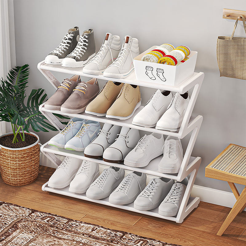 Z-shaped 4-layer shoe organizer: space-saving, wall/corner-mount, stackable, adjustable storage shelf.